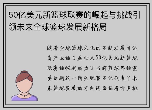 50亿美元新篮球联赛的崛起与挑战引领未来全球篮球发展新格局