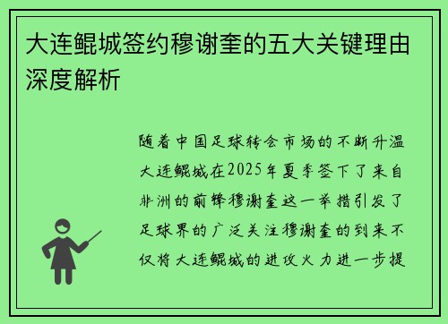 大连鲲城签约穆谢奎的五大关键理由深度解析